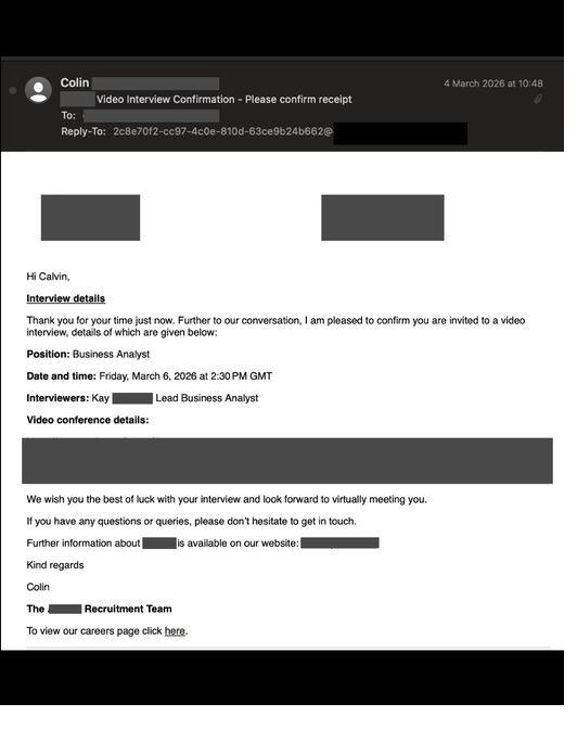 Interview invitation email for a Business Analyst role