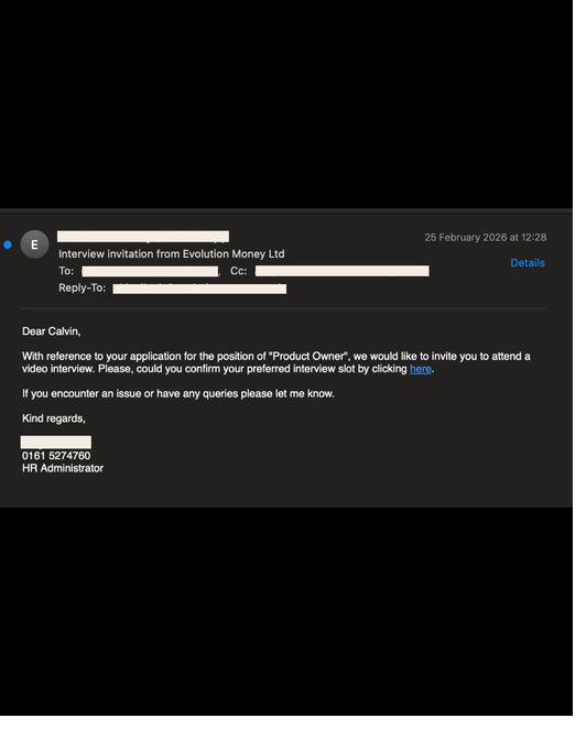 Interview invitation email for a Product Owner role