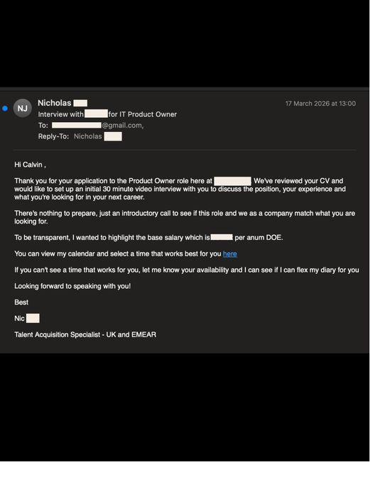 Interview invitation for a IT Product Owner role