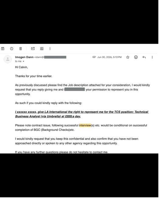 Interview invitation email for a Technical Business Analyst role
