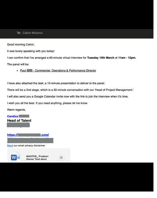 Interview invitation for a Product Owner role