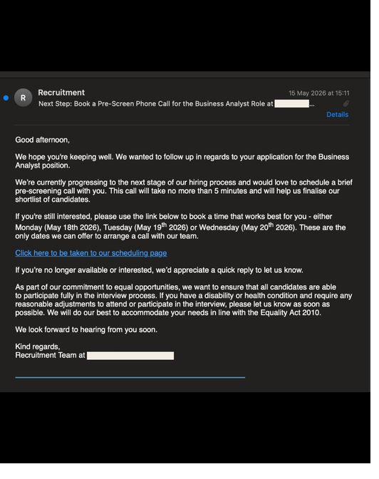 Interview invitation email for a Business Analyst role