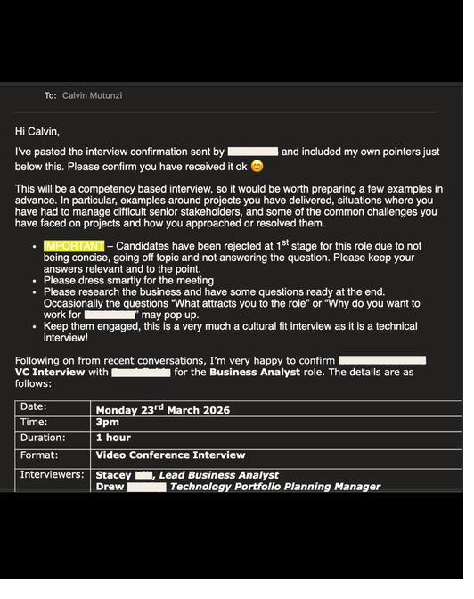 Interview invitation email for a Business Analyst role