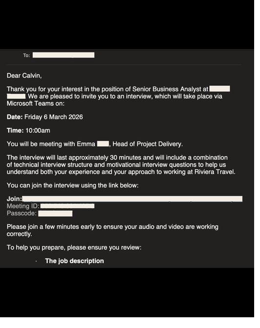 Interview invitation for a Senior Business Analyst role