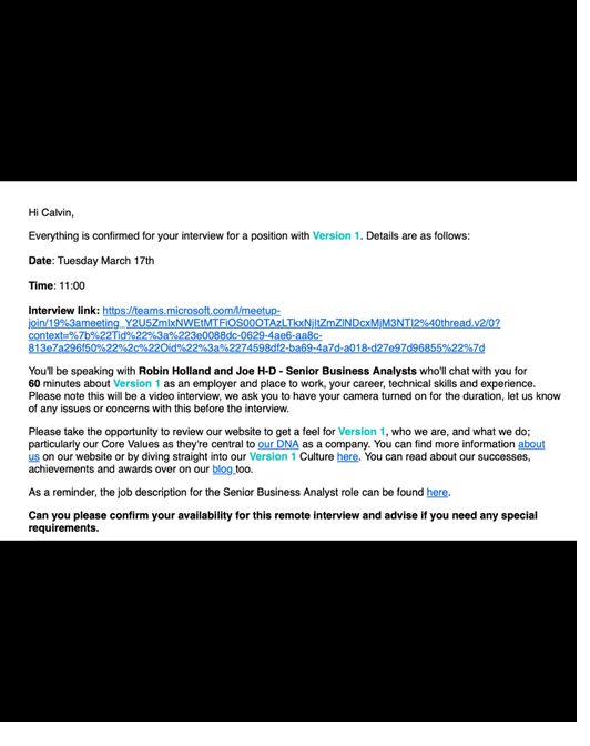 Interview invitation email for a Senior Business Analyst role