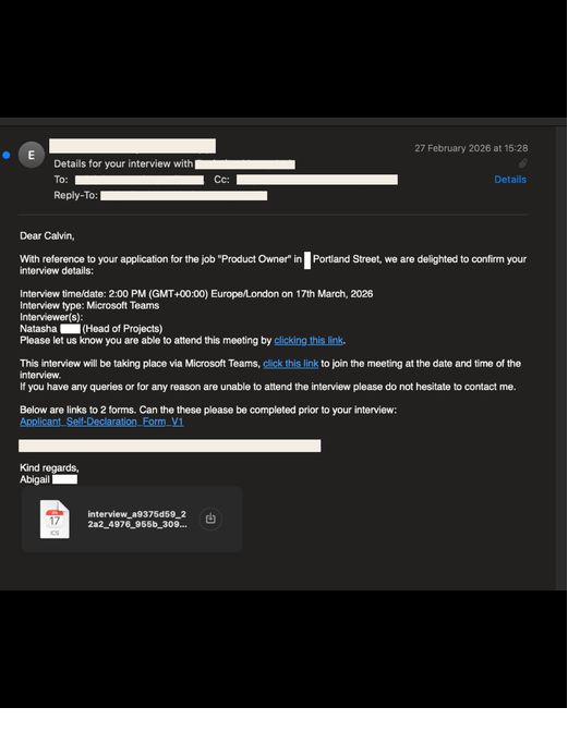 Interview invitation email for a Product Owner role