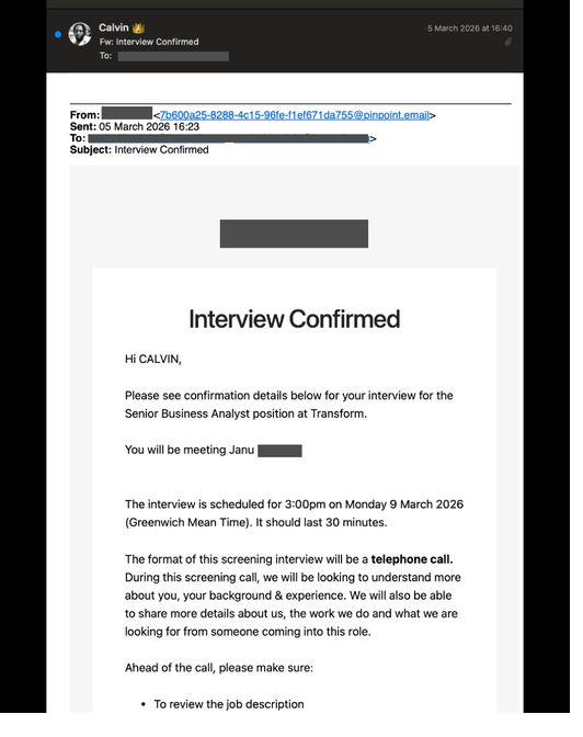 Interview invitation email for a Senior Business Analyst role