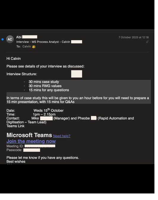 Interview invitation for a Process Analyst role