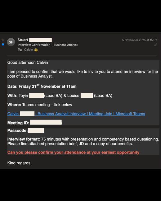 Interview invitation for a Business Analyst role