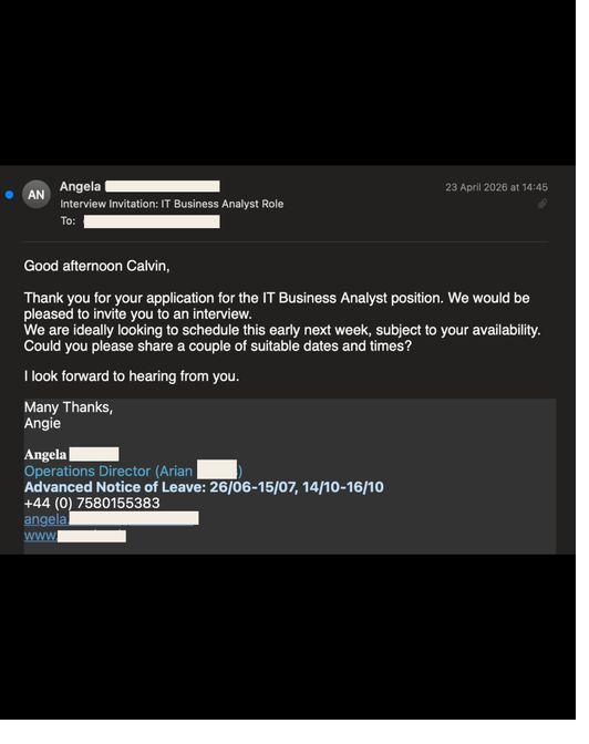 Interview invitation email for a IT Business Analyst role